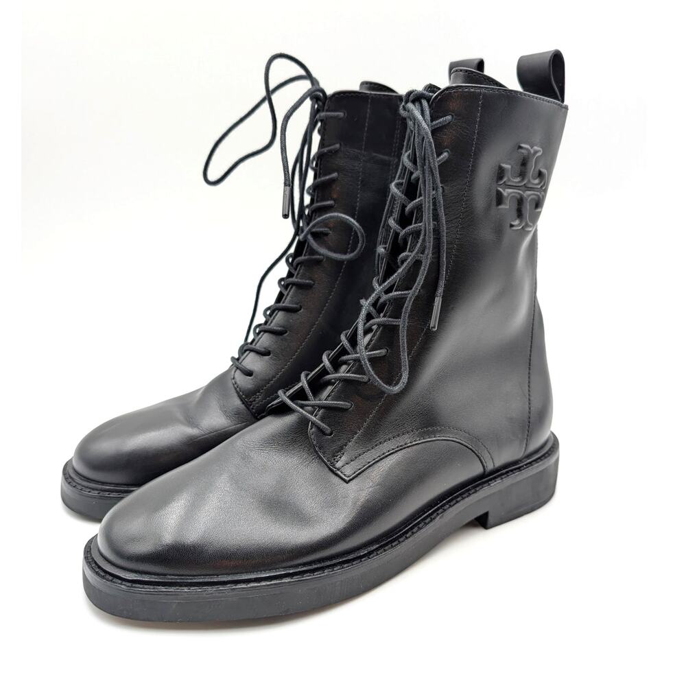 Tory Burch Double-T Lace-Up Combat Boots Women's Black Size US8M EU38.5